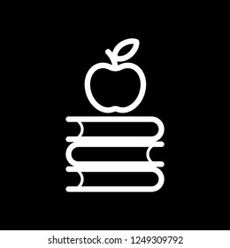 Apple on books icon. Knowledge logo. White icon on black background. Inversion