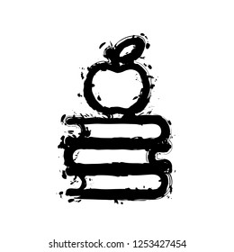 Apple on books icon. Knowledge logo. Black ink with splashes on white background