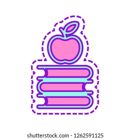 Apple on books icon. Knowledge logo. Colored sketch with dotted border on white background