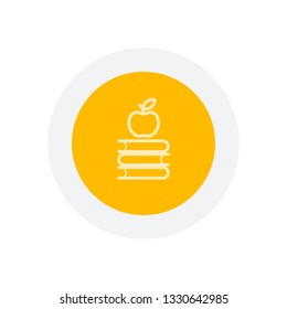 Apple on books icon. Knowledge logo. Icon in colored circle with gray bold border. Web button, modern flat design