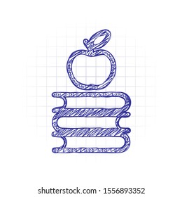 Apple on books icon. Knowledge logo. Hand drawn sketched picture with scribble fill. Blue ink. Doodle on white background