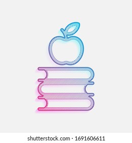 Apple on books icon. Knowledge logo. Colored logo with diagonal lines and blue-red gradient. Neon graphic, light effect