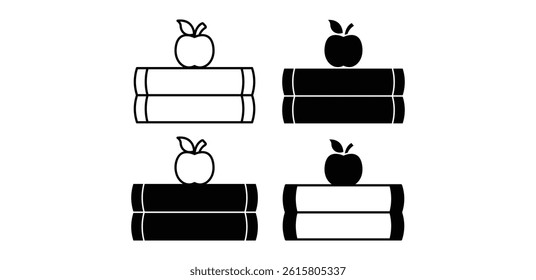 Apple On Books Icon Set Black And White Color Vector Design Illustration