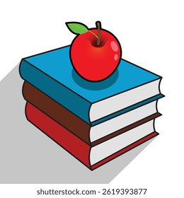 apple on books, knowledge and education concept, colorful school books stack, vector illustration