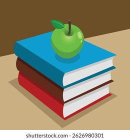 Apple en los libros, conocimiento y concepto de la educación, pila de libros escolares coloridos, Ilustración vectorial