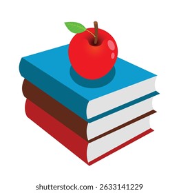 apple on books, knowledge and education concept, colorful school books stack, vector illustration