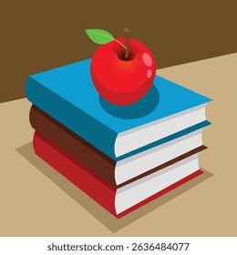 apple on books, knowledge and education concept, colorful school books stack, vector illustration