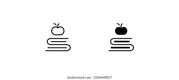 Apple on books, knowledge icon education stack of books with apple on top, exam preparation line and flat icons set, editable stroke isolated on white, linear vector outline illustration, symbol logo