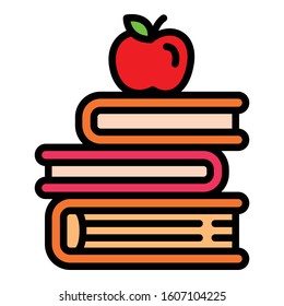 Apple on books stack icon. Outline apple on books stack vector icon for web design isolated on white background