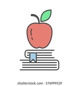 Apple on books on white background. Isolated icon is symbol of education, school and learning.