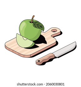 Apple on a cutting board and a knife. Vector 3d sketch line isometric style, color icon illustration. Creative design idea and infographics elements.