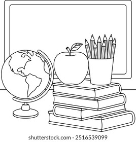 An apple on the teacher’s desk with a stack of books, school globe and a pencil holder outline coloring page