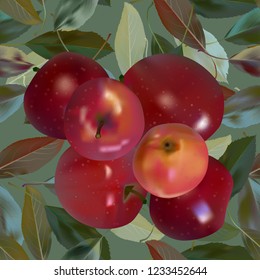 Apple on green leaves Vector illustration