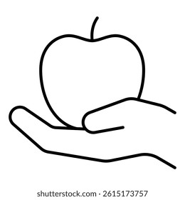 Apple on hand palm thin line icon, grocery products concept. Vector graphics. Fresh fruit sign on white background, style mobile or design