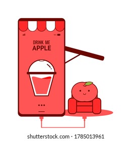 Apple on mobile phone. Beverage online. Power up with apple. Cute apple style. Refreshing drink. Illustration vector.