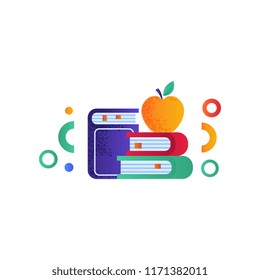 Apple on a pile of books, education concept, school supplies vector Illustration on a white background