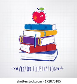 Apple on a pile of books. Vector illustration.