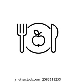 Apple on plate, fork and knife. Healthy eating, vegetarian or vegan diet. Organic farm food. Pixel perfect vector icon