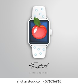 Apple on the screen. Paper cut design in the form of smart watch. Vector illustration. Trust it