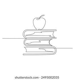 An apple on a stack of book continuous line drawing. Back to school minimalist style for Education concept. Modern one line draw graphic design vector illustration