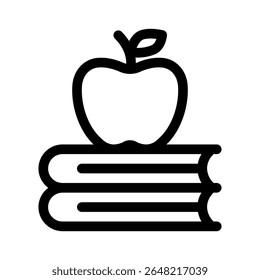 Apple on stack of books line icon. Simple vector symbol used for school, travel, or education themes. Clean linear design, Thin stroke design, isolated on white.