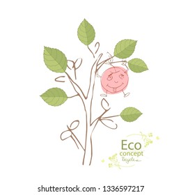 An apple on a tree. Tree logo design template. Ecologically clean world. Illustration of ecology concept info graphics. The black. Doodle. Handwriting. Vector. Green. White background. Fruit