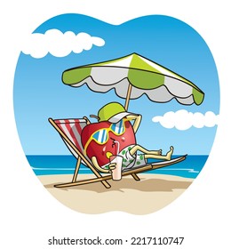 Apple on vacation at the beach drinking apple juice, funny cartoon vector illustration isolated on white background
