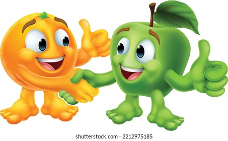 An apple and orange character shaking hands. Concept for very different people or things working together or being friends.
