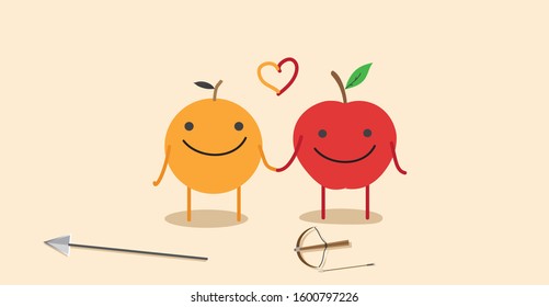 Apple and orange are friend. apple and orange  cartoon character. Cute cartoon character. fruit character vector. orange character illustration