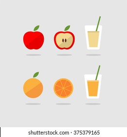 Apple and orange fruit juice and smoothie icon set