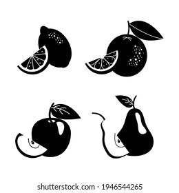 Apple, orange, lemon, pear and slice icons. Outline black vector illustration