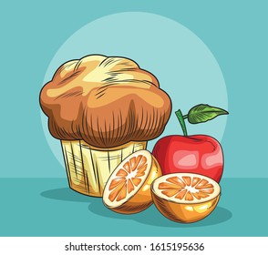 apple orange muffin fresh fruit food healthy vector illustration