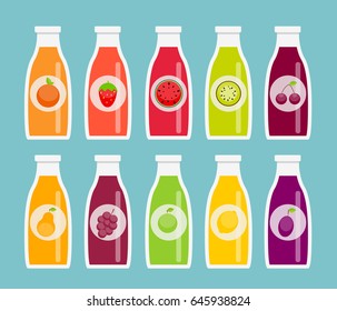 Apple, Orange, Plum, Cherry, Lemon, Lime, Watermelon, Strawberries, Kiwi, Peaches, Grapes and Pear Juice Bottle Template in Modern Flat Style. Vector Illustration. EPS10
