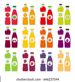Apple, Orange, Plum, Cherry, Lemon, Lime, Watermelon, Strawberries, Kiwi, Peaches, Grapes and Pear Juice Bottle Template in Modern Flat Style. Vector Illustration. EPS10
