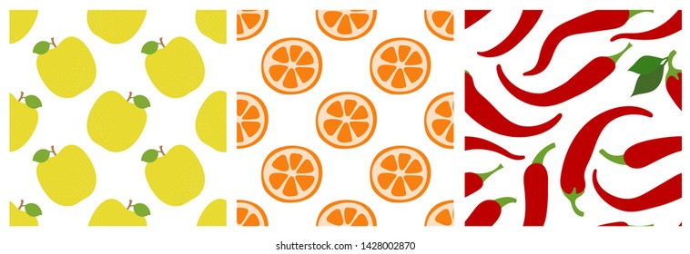Apple, orange slice, pepper. Fruits and vegetables seamless pattern set. Fashion design. Food print for clothes, linens or curtain. Hand drawn vector sketch background collection