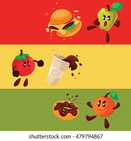 Apple, orange, tomato fighting burger, donut, cartoon style vector illustration. Health food against fast food, smart eating habit poster, banner, card design