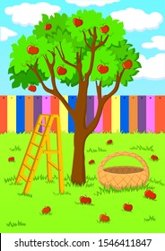 

Apple orchard with a fence, a staircase and a basket. The harvest. Children's picture. vector and illustration