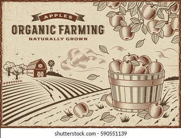 Apple Organic Farming Landscape. Editable EPS10 vector illustration in retro woodcut style with clipping mask and transparency.
