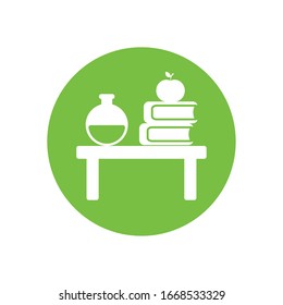 manzana sobre libros escolares y diseño de iconos estilo bloque de silueta de frasco, clase de educación lección conocimiento de enseñanza preescolar aprendizaje aula y tema principal Ilustración vectorial
