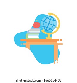 apple over school books and global sphere flat block style icon design, Eduaction class lesson knowledge preschooler study learning classroom and primary theme Vector illustration