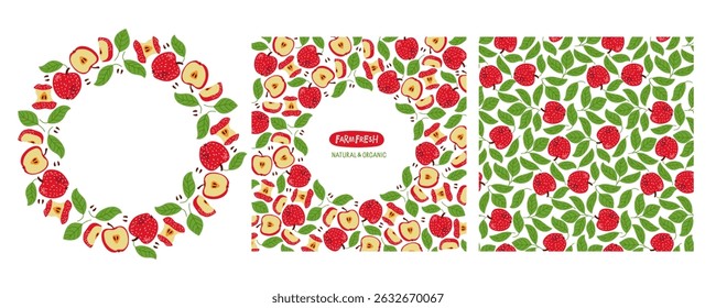 Conjunto de design de embalagem da Apple. Frutos e folhas de maçã. Fronteiras verdes vermelhas e padrão sem emenda, comida orgânica agrícola. Ilustração de vetor de verão desenhada à mão para embalagem, publicidade, modelo de cartaz. Fazenda.