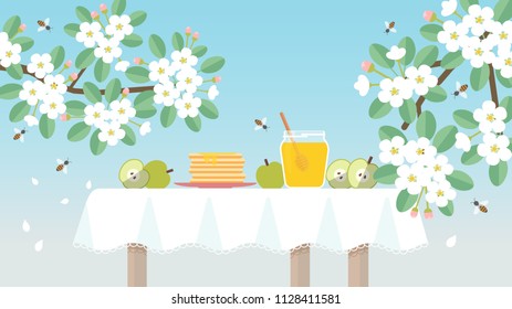 Apple pancake breakfast with honey. Spring apple blossom garden. Template card for World honey Bee Day. Vector illustration in flat design.