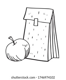 Apple and paper bag for food. Hand drawn outline vector sketch illustration
