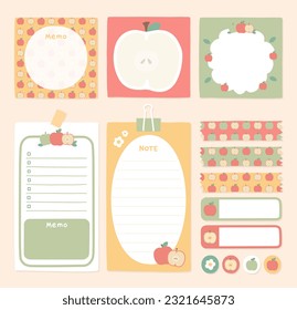 Apple paper notes, stickers, sticky sheets and tape. Vector set of stationery.