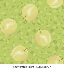 Patrón Apple con formas abstractas. Frutas maduras, amarillas sobre un fondo verde abstracto sin fisuras para la impresión textil, tela. Patrón infinito de manzanas y figuras caóticas. Ilustración vectorial.