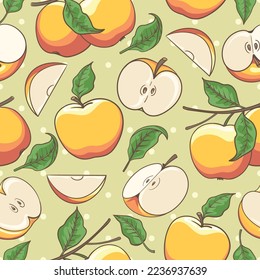 Apple pattern. Color apples leaves branches decor ornament background, yellow red green summer appled leaf patches design graphics backdrop vector illustration