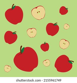 Apple pattern concept. Whole red apples and halves. Vector illustration isolated on green background. Design element for wrapping paper card prints brochure cover.