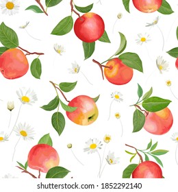 Apple pattern with daisy, autumn fruits, leaves, flowers background. Vector seamless texture illustration in watercolor style for summer cover, tropical wallpaper, vintage backdrop, wedding invitation