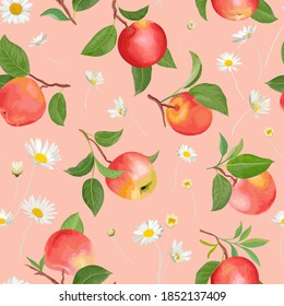 Apple pattern with daisy, tropic fruits, leaves, flowers background. Vector seamless texture illustration in watercolor style for summer cover, autumn wallpaper, vintage backdrop, wedding invitation
