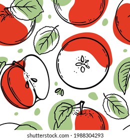 APPLE PATTERN Delicious Juicy Red Fruit Whole And Slices With Leaves For Design Of Organic Natural Products Shop And Dessert Drinks In Sketch Style Seamless Vector